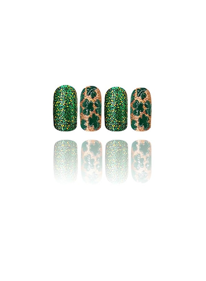 SINSEN St. Patrick’s Day Press on Nails Short, Glossy Green Shamrock Square Fake Nails, St. Patrick’s False Nails with Full Cover Green Glitter Designs, Lucky Clover Glue on Nails for Women 24PCS - Image 5